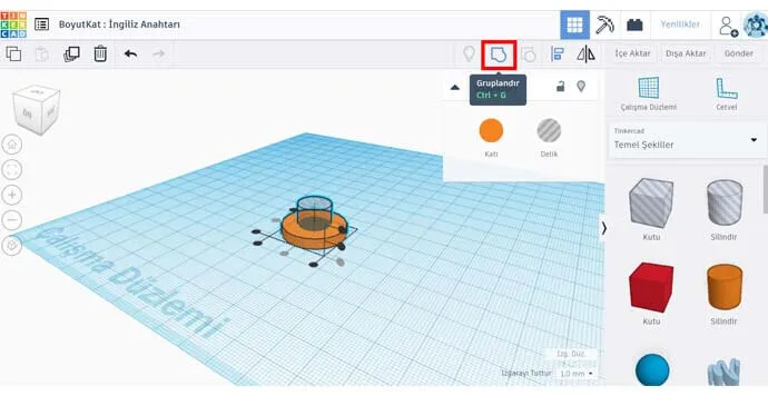 Tinkercad - Halkayı Oluşturmak İçin Silindir Şekilli Deliği ve Diski Gruplandır